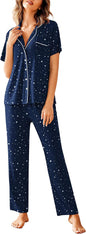 Women Pajamas Set Notch Collar Soft Sleepwear Pjs Short Sleeve Button Down Nightwear with Long Pants