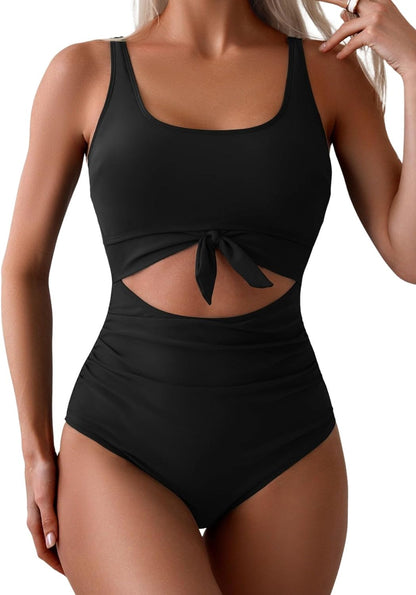 Women's One Piece Swimsuit Tummy Control Slimming Bathing Suit Cutout Tie Knot Swimwear