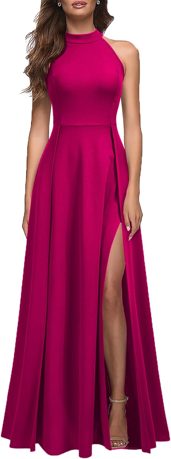 Women's Halter Neck Sexy Split Cocktail Party Maxi Long Formal Dress