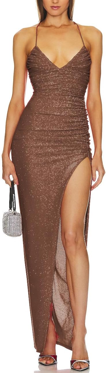 Women's Spaghetti Straps Sexy Glitter V-Neck Maxi Dress 2024 Thigh-High Slit Ruched Bodycon Cocktail Party Dress 315