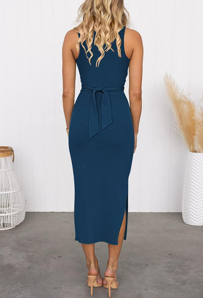 Women's Sexy Sleeveless Cut Out Slim Bodycon Dress Crewneck Crisscross Twist Ruched Slit Ribbed Knit Tank Midi Dress