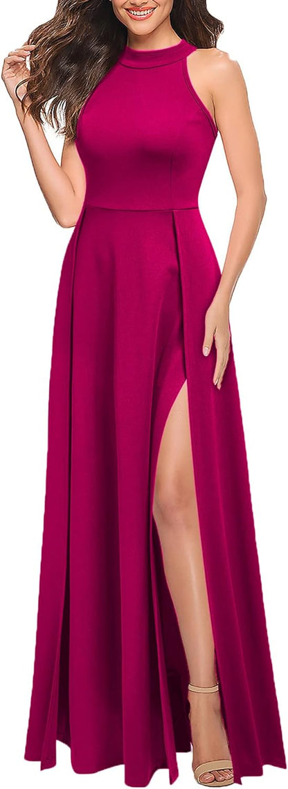 Women's Halter Neck Sexy Split Cocktail Party Maxi Long Formal Dress