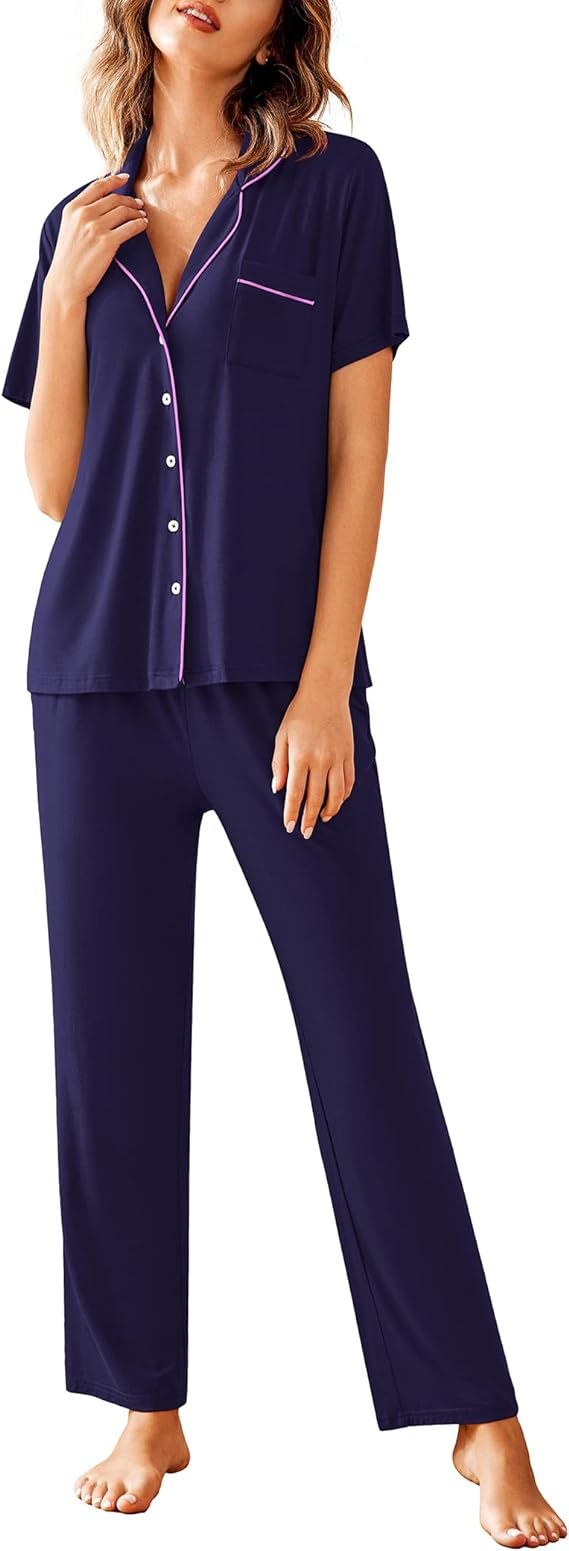 Women Pajamas Set Notch Collar Soft Sleepwear Pjs Short Sleeve Button Down Nightwear with Long Pants