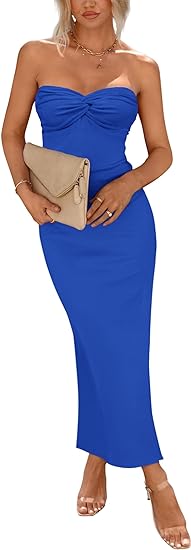 Womens Summer Bodycon Long Dresses Strapless Tube Twist Knot Front Ribbed Knit Elegant Maxi Dress With Slit