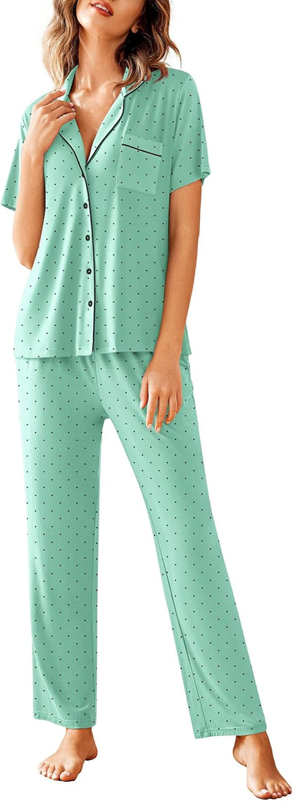 Women Pajamas Set Notch Collar Soft Sleepwear Pjs Short Sleeve Button Down Nightwear with Long Pants