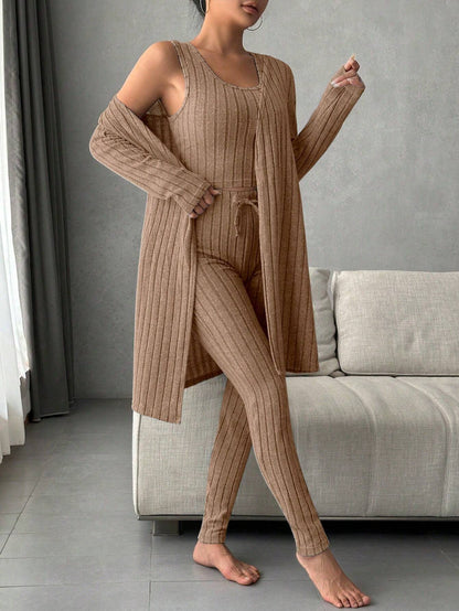 Women'S Solid Color Rib Knit Vest, Long Pants & Coat Three-Piece Set for Home Wear