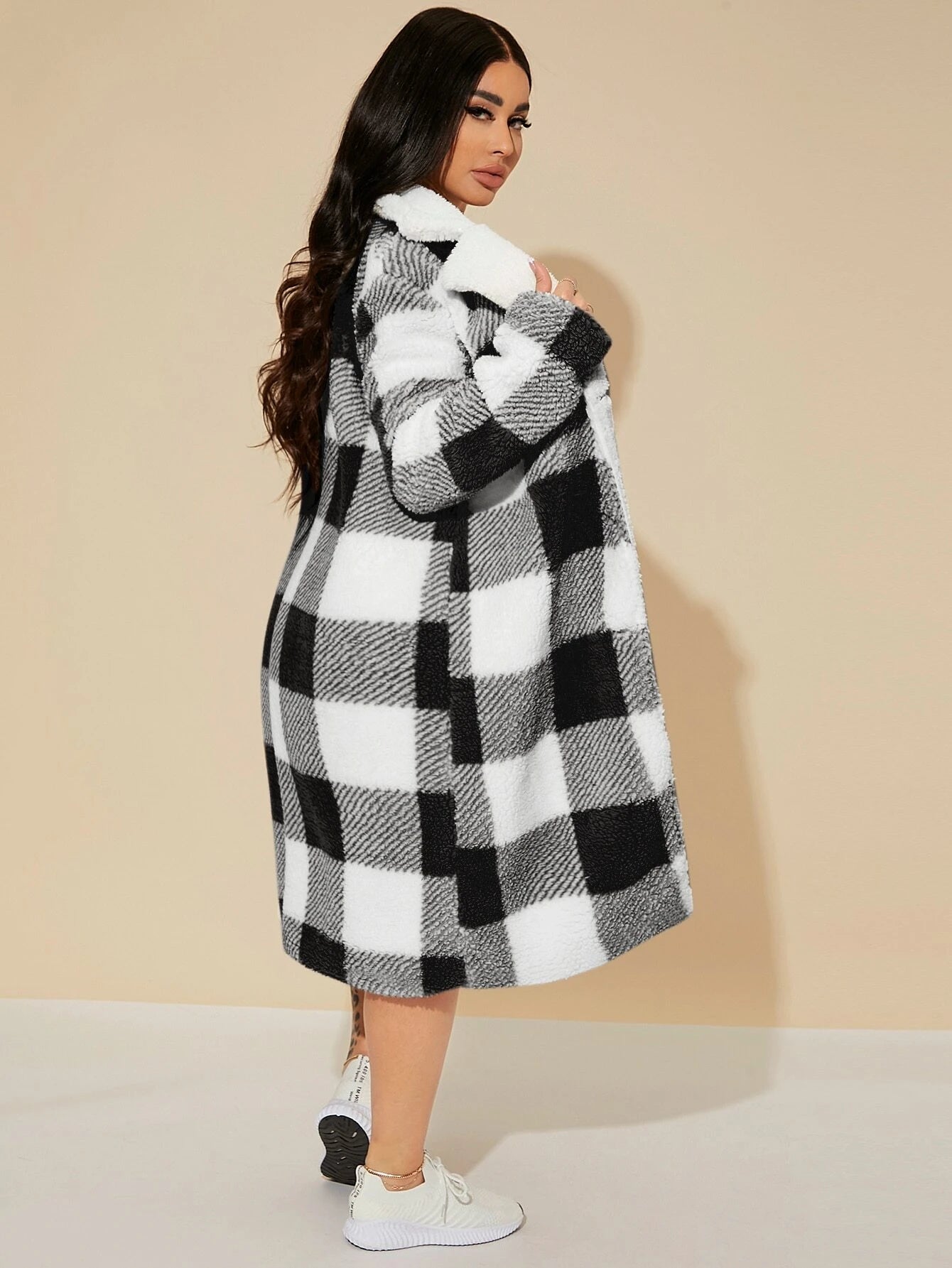 SXY Gingham Pattern Lapel Neck Flannel Coat