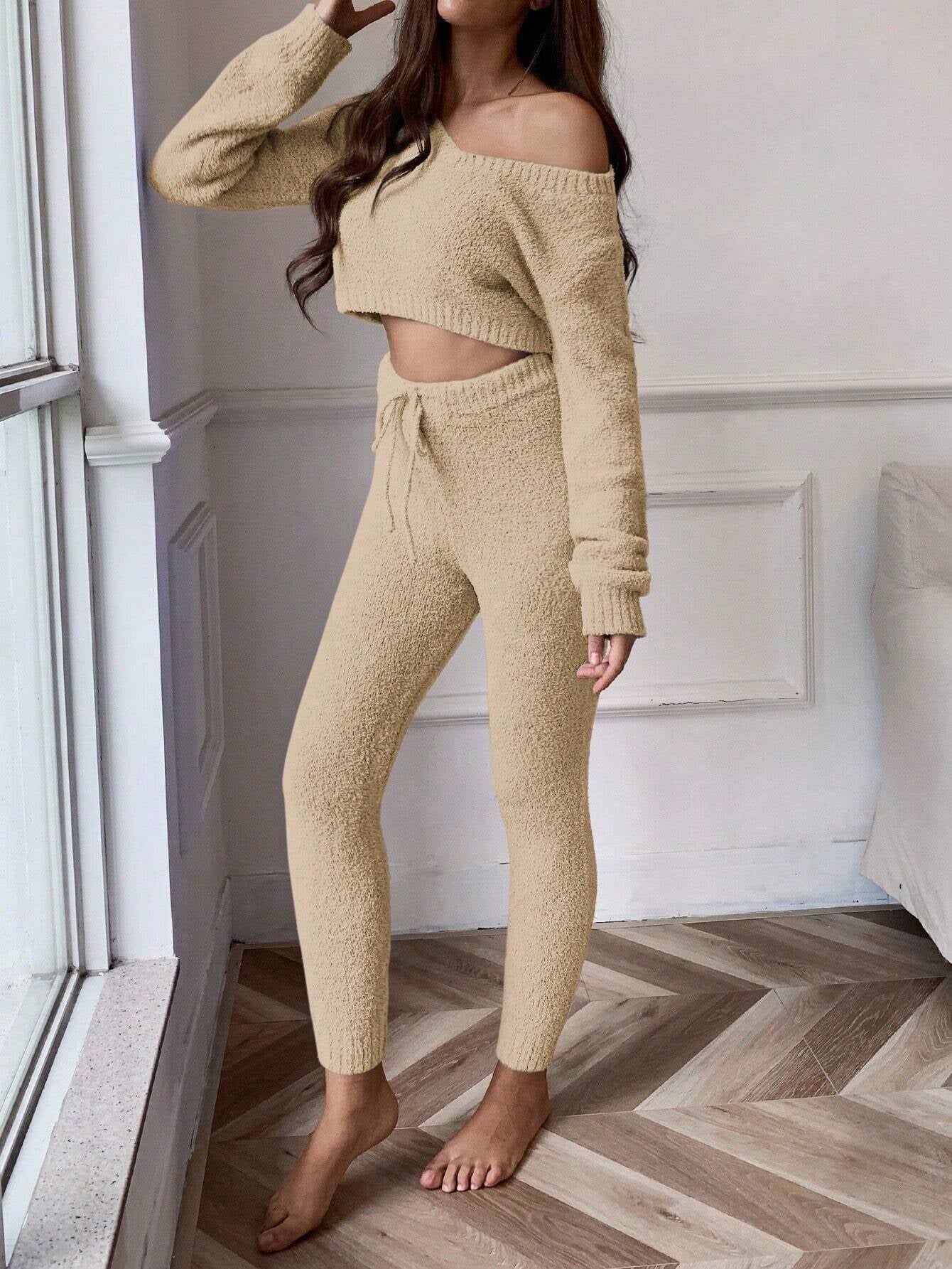 Essnce V Neck Crop Sweater & Tie Waist Knit Pants Set