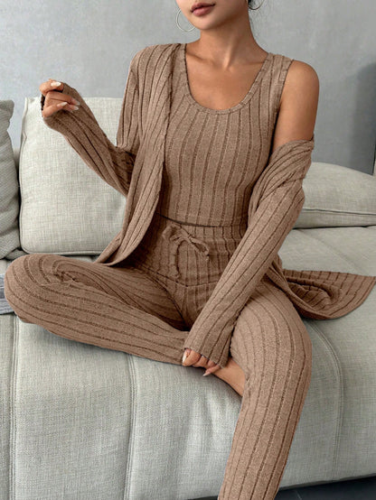 Women'S Solid Color Rib Knit Vest, Long Pants & Coat Three-Piece Set for Home Wear