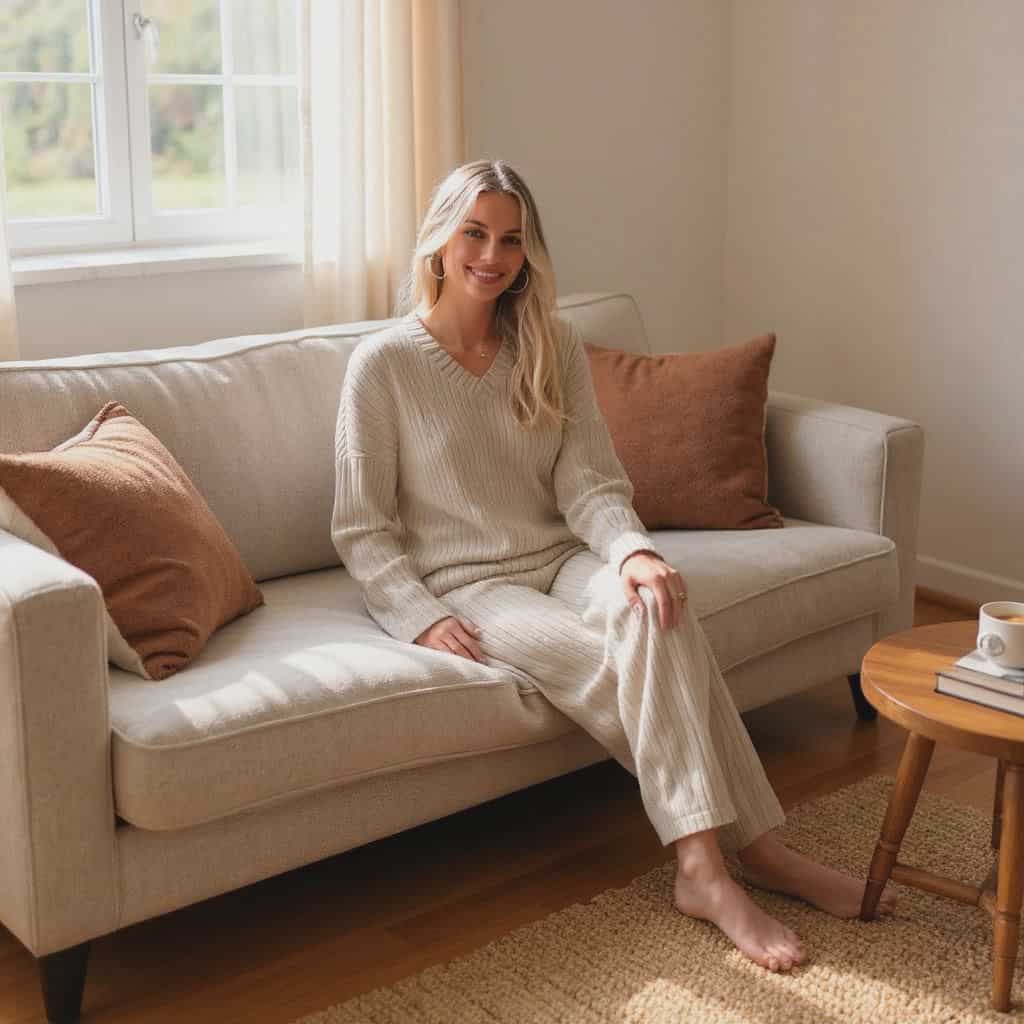 Casual 2 Pieces Loungewear Loose V-Neck Long Sleeve and Knitted Straight Pants