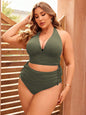 Swim Curve plus Size Solid Color Drawstring Ruched Bikini Set and Bikini Set with Halter Summer Beach