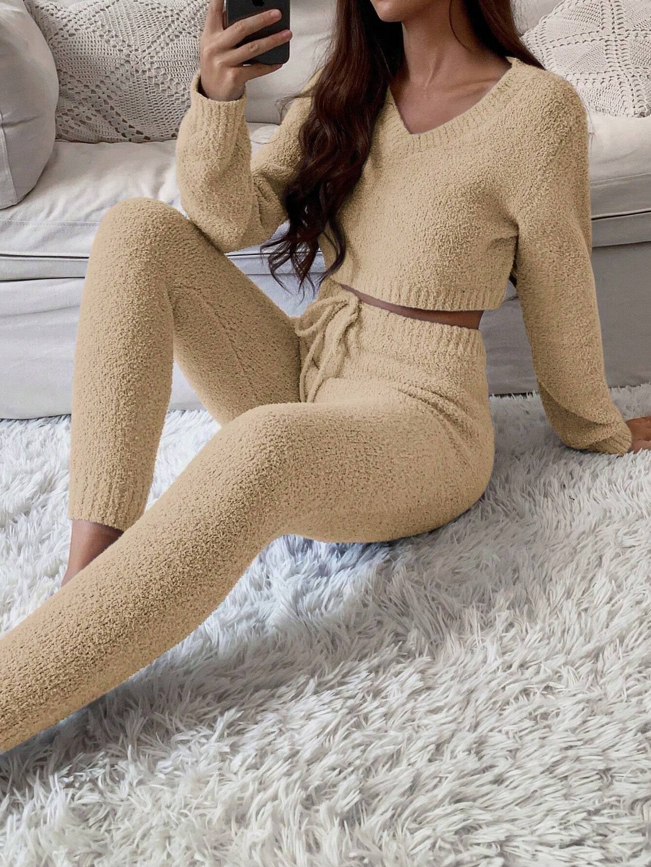 Essnce V Neck Crop Sweater & Tie Waist Knit Pants Set