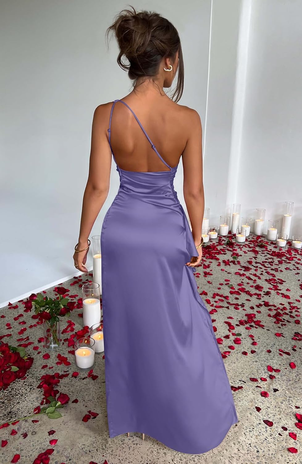 Women's Sexy One Shoulder Satin High Split Cocktail Wedding Party Maxi Dress