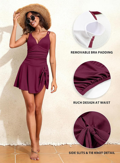 Ribbed One Piece Swimdress Swimsuits for Women Tummy Control Tie Knot Swim Skirt V Neck Bathing Suit