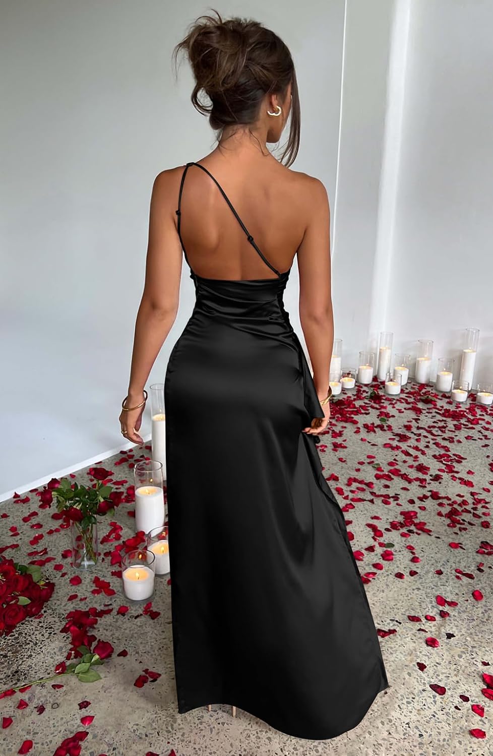 Women's Sexy One Shoulder Satin High Split Cocktail Wedding Party Maxi Dress