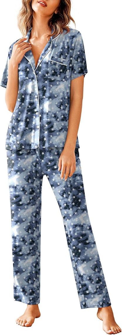 Women Pajamas Set Notch Collar Soft Sleepwear Pjs Short Sleeve Button Down Nightwear with Long Pants