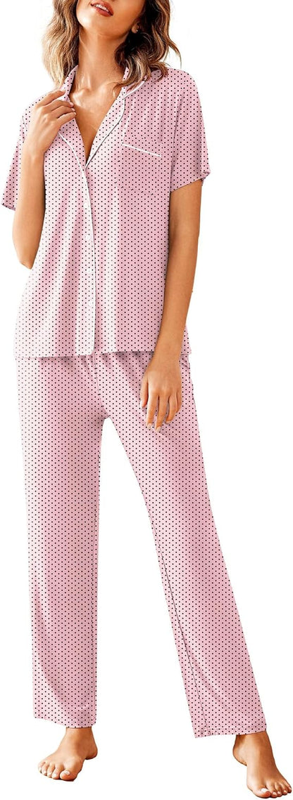 Women Pajamas Set Notch Collar Soft Sleepwear Pjs Short Sleeve Button Down Nightwear with Long Pants