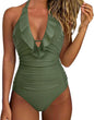 Women Sexy Halter One Piece Swimsuits Ruffle Tummy Control Bathing Suit