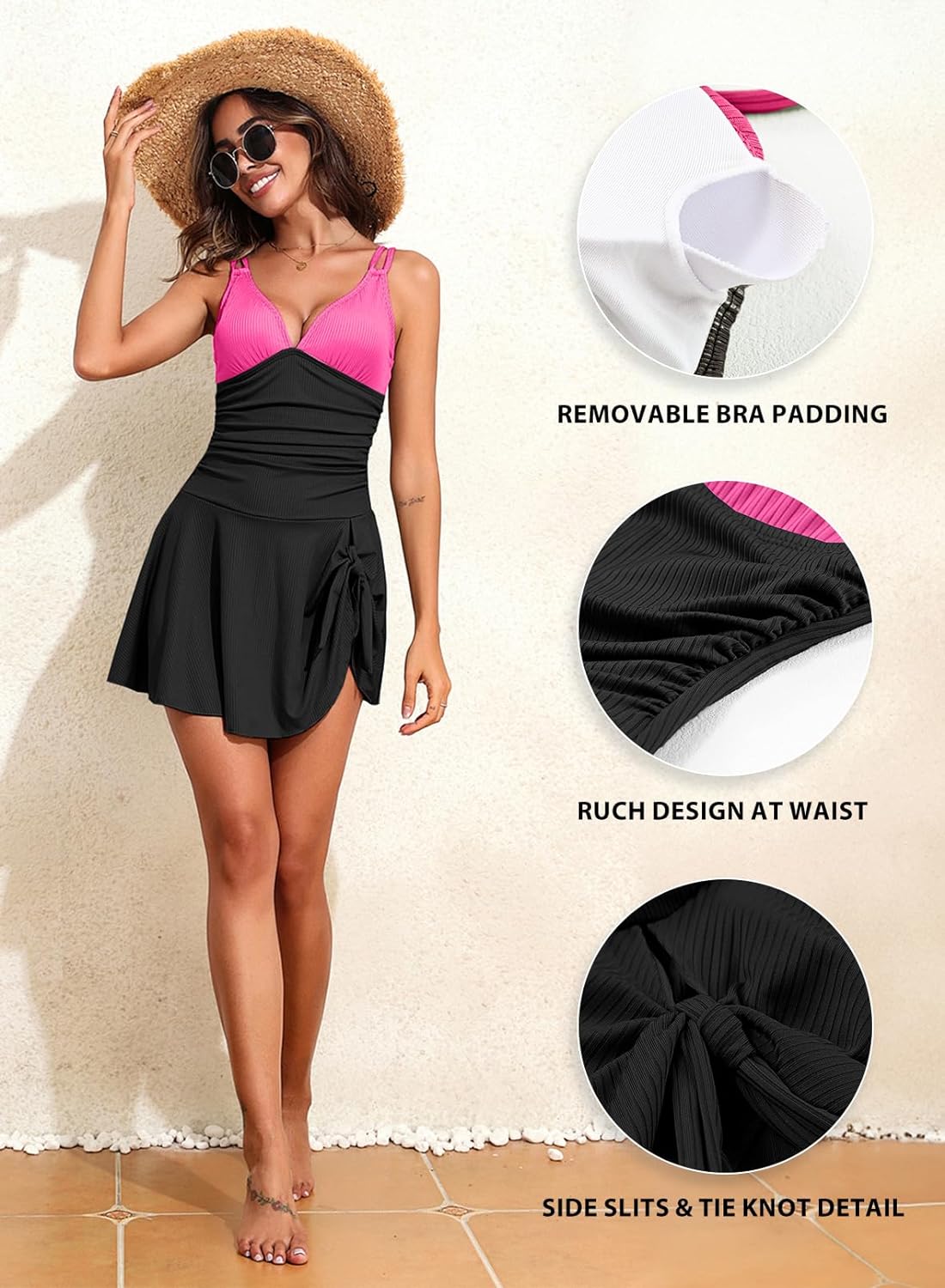 Ribbed One Piece Swimdress Swimsuits for Women Tummy Control Tie Knot Swim Skirt V Neck Bathing Suit