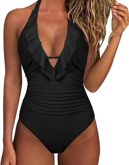 Women Sexy Halter One Piece Swimsuits Ruffle Tummy Control Bathing Suit