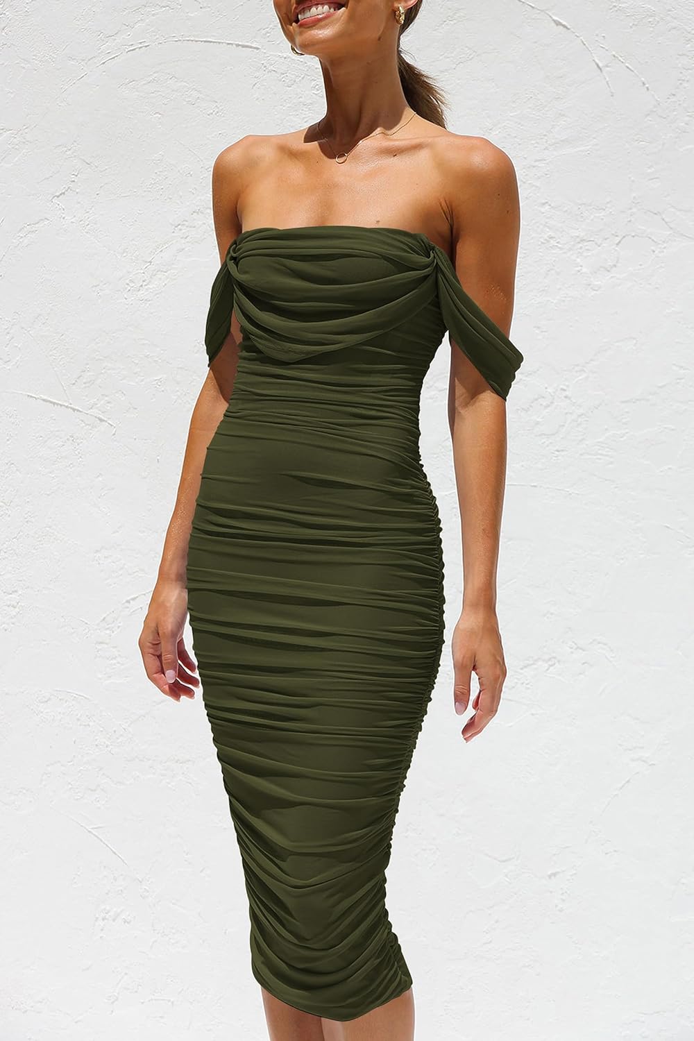 Womens Summer Off The Shoulder Ruched Bodycon Dresses Sleeveless Fitted Party Club Midi