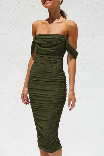 Womens Summer Off The Shoulder Ruched Bodycon Dresses Sleeveless Fitted Party Club Midi