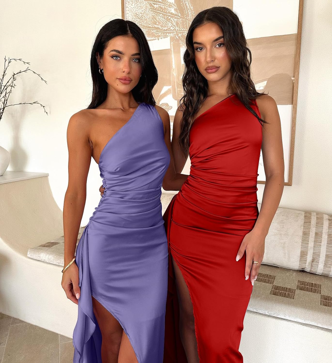 Women's Sexy One Shoulder Satin High Split Cocktail Wedding Party Maxi Dress