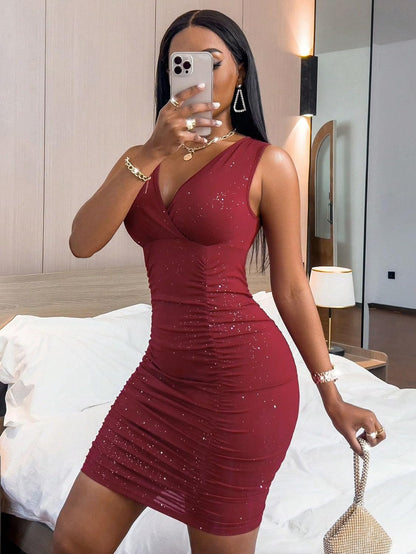 Rhinestone Sleeveless V Neck Ruched Party Bodycon Mini Dress