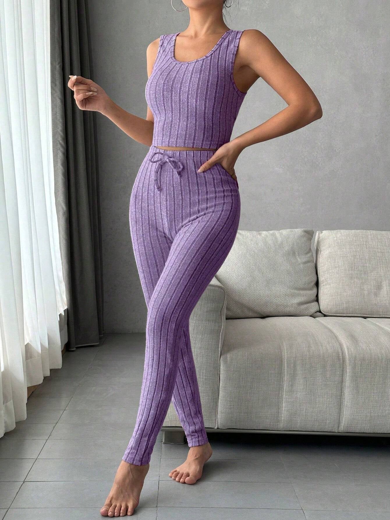 Women'S Solid Color Rib Knit Vest, Long Pants & Coat Three-Piece Set for Home Wear