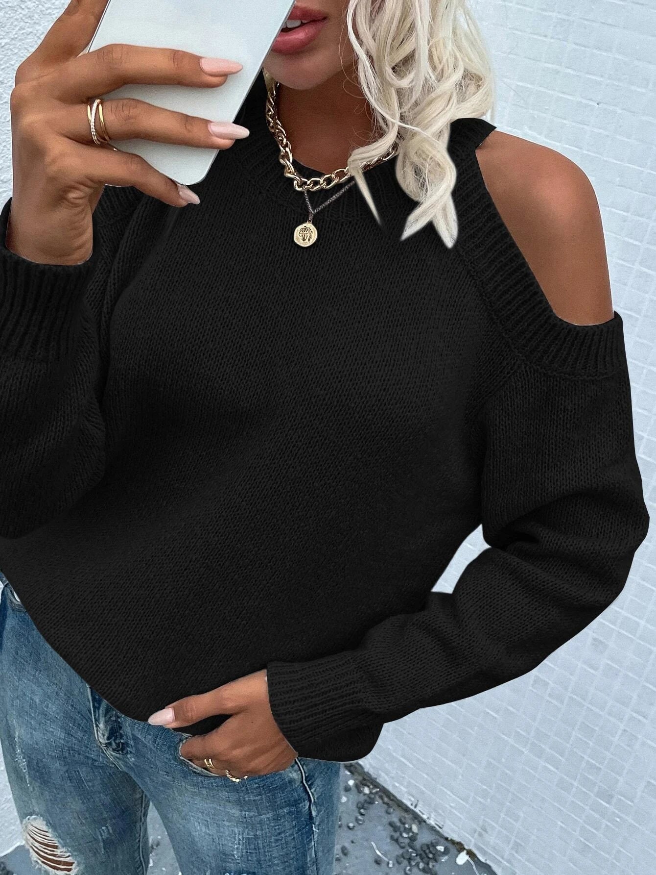 LUNE Cold Shoulder Ribbed Knit Sweater