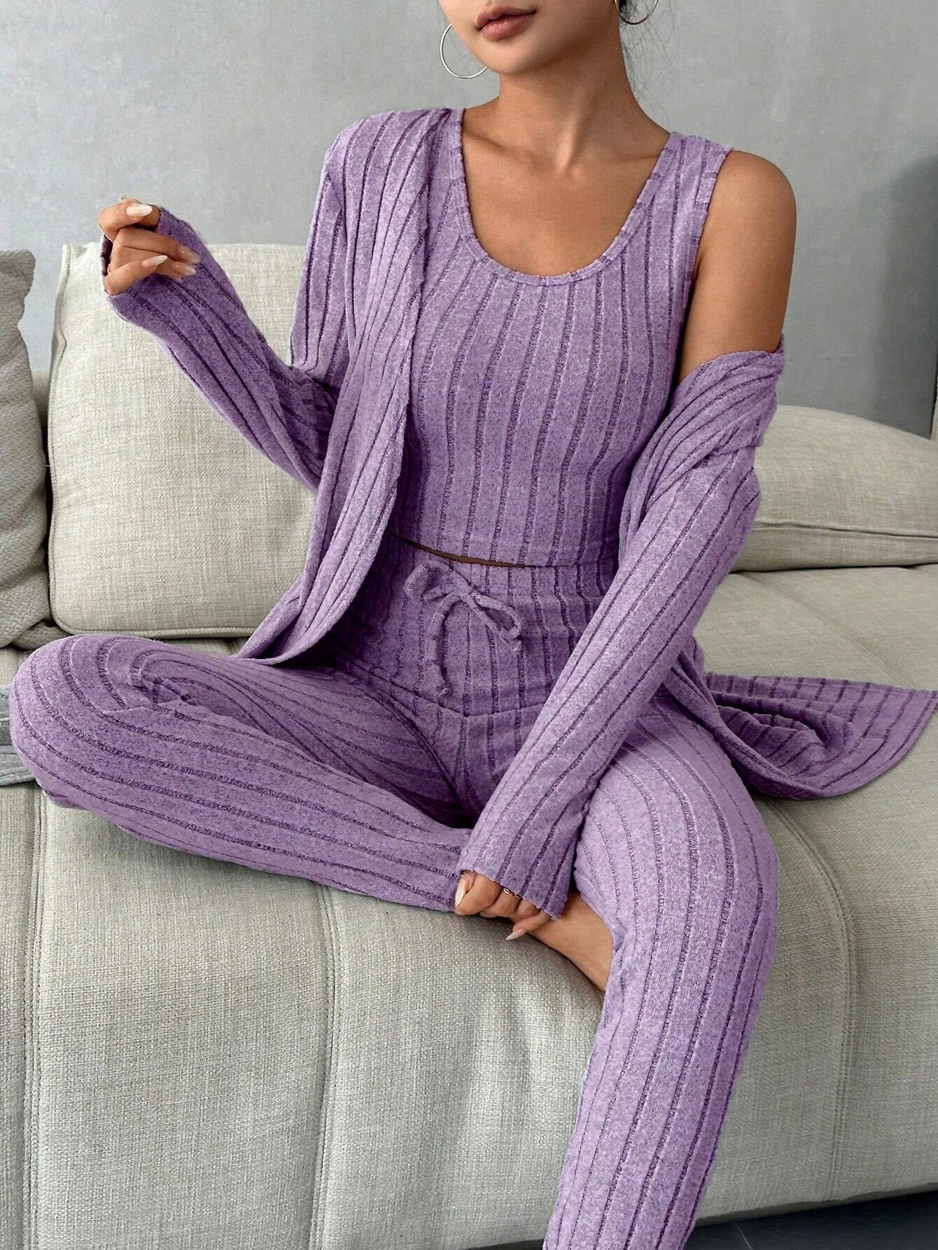 Women'S Solid Color Rib Knit Vest, Long Pants & Coat Three-Piece Set for Home Wear