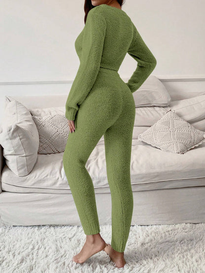 Essnce V Neck Crop Sweater & Tie Waist Knit Pants Set