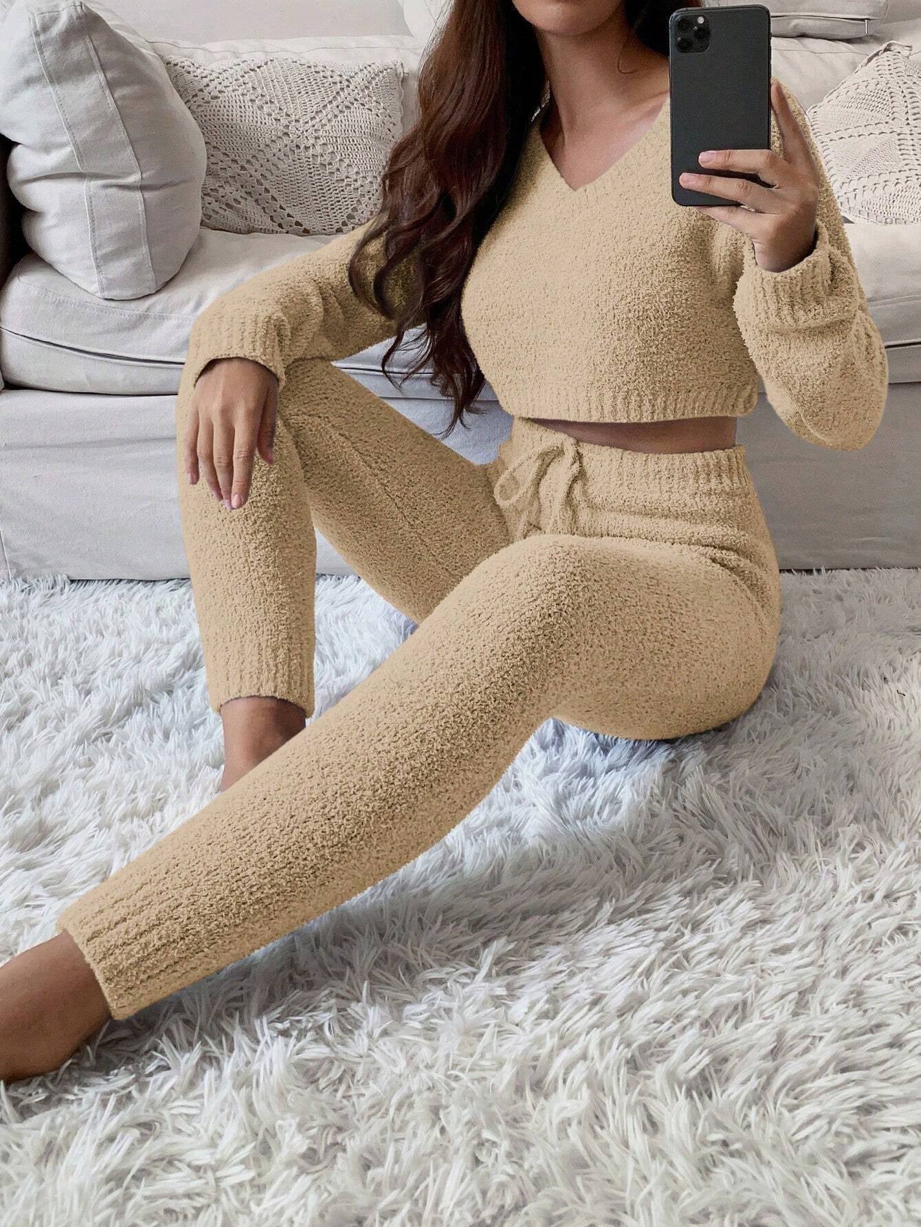 Essnce V Neck Crop Sweater & Tie Waist Knit Pants Set