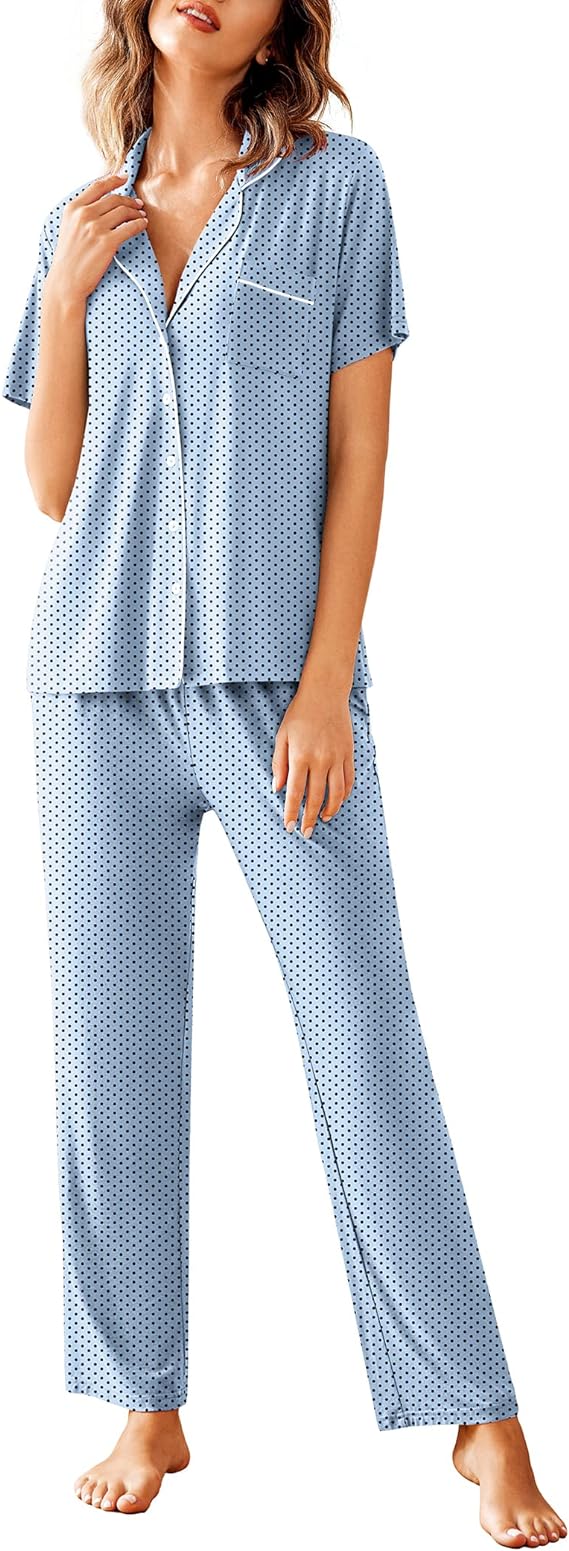 Women Pajamas Set Notch Collar Soft Sleepwear Pjs Short Sleeve Button Down Nightwear with Long Pants