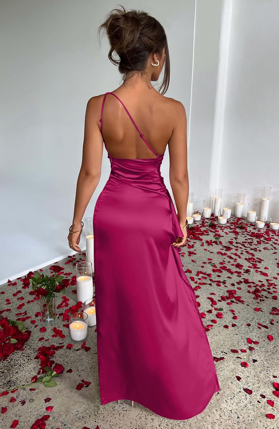 Women's Sexy One Shoulder Satin High Split Cocktail Wedding Party Maxi Dress