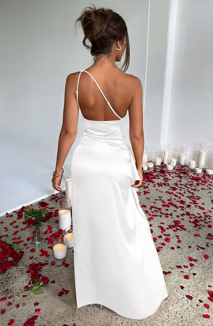 Women's Sexy One Shoulder Satin High Split Cocktail Wedding Party Maxi Dress