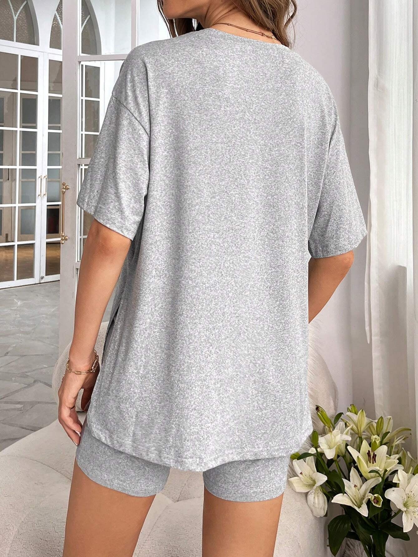 Drop Shoulder Split Hem Tee & Shorts Lounge Set