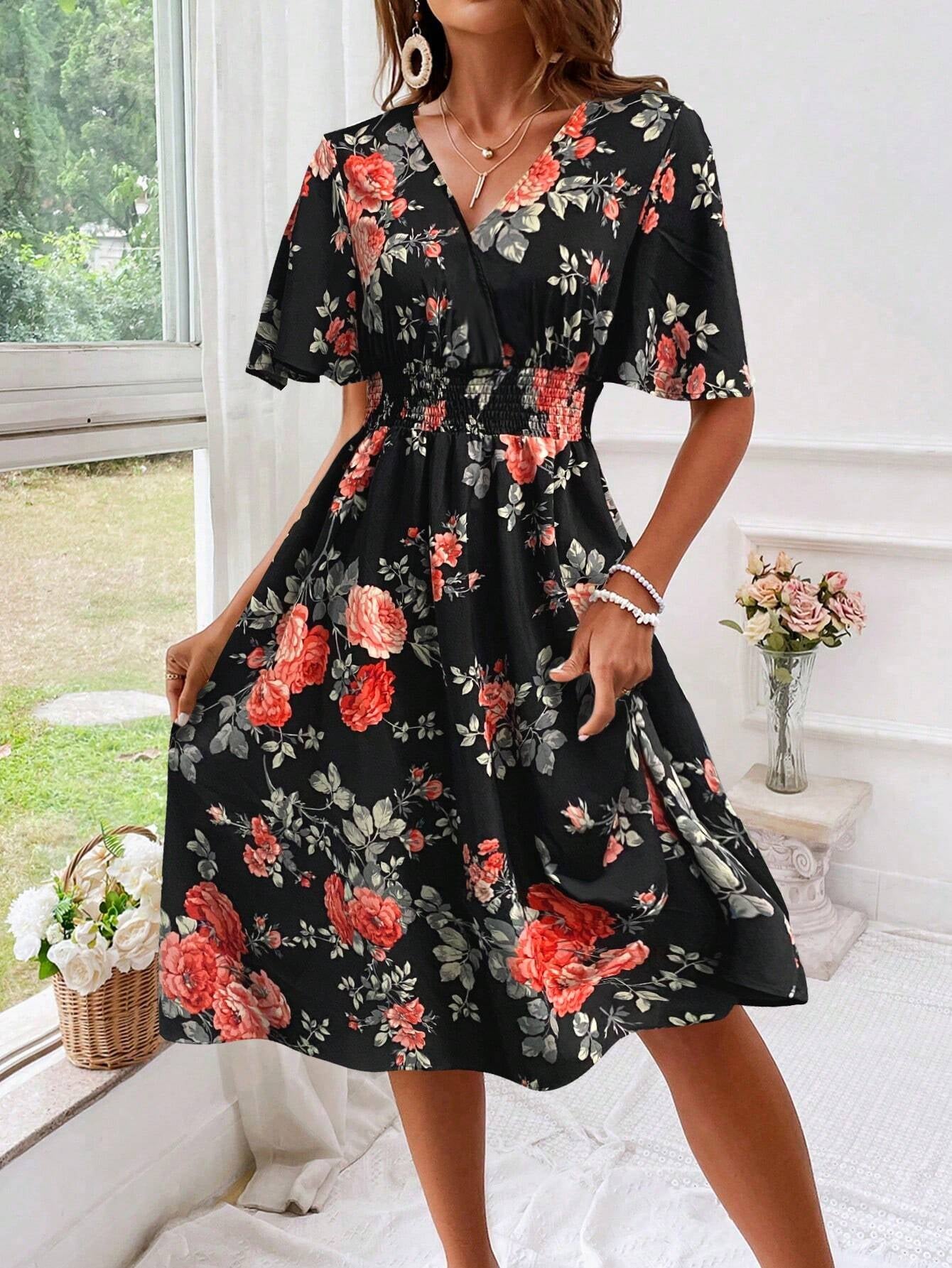 VCAY Women'S Floral Print Waist-Tie Dress