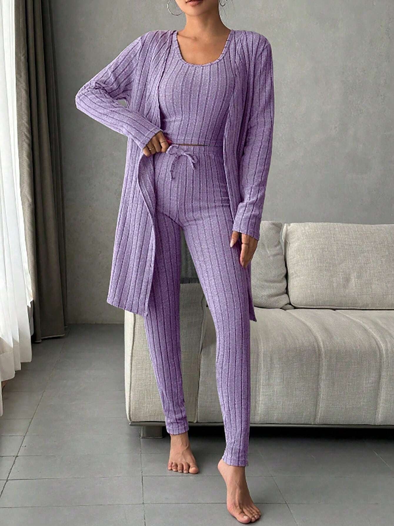 Women'S Solid Color Rib Knit Vest, Long Pants & Coat Three-Piece Set for Home Wear