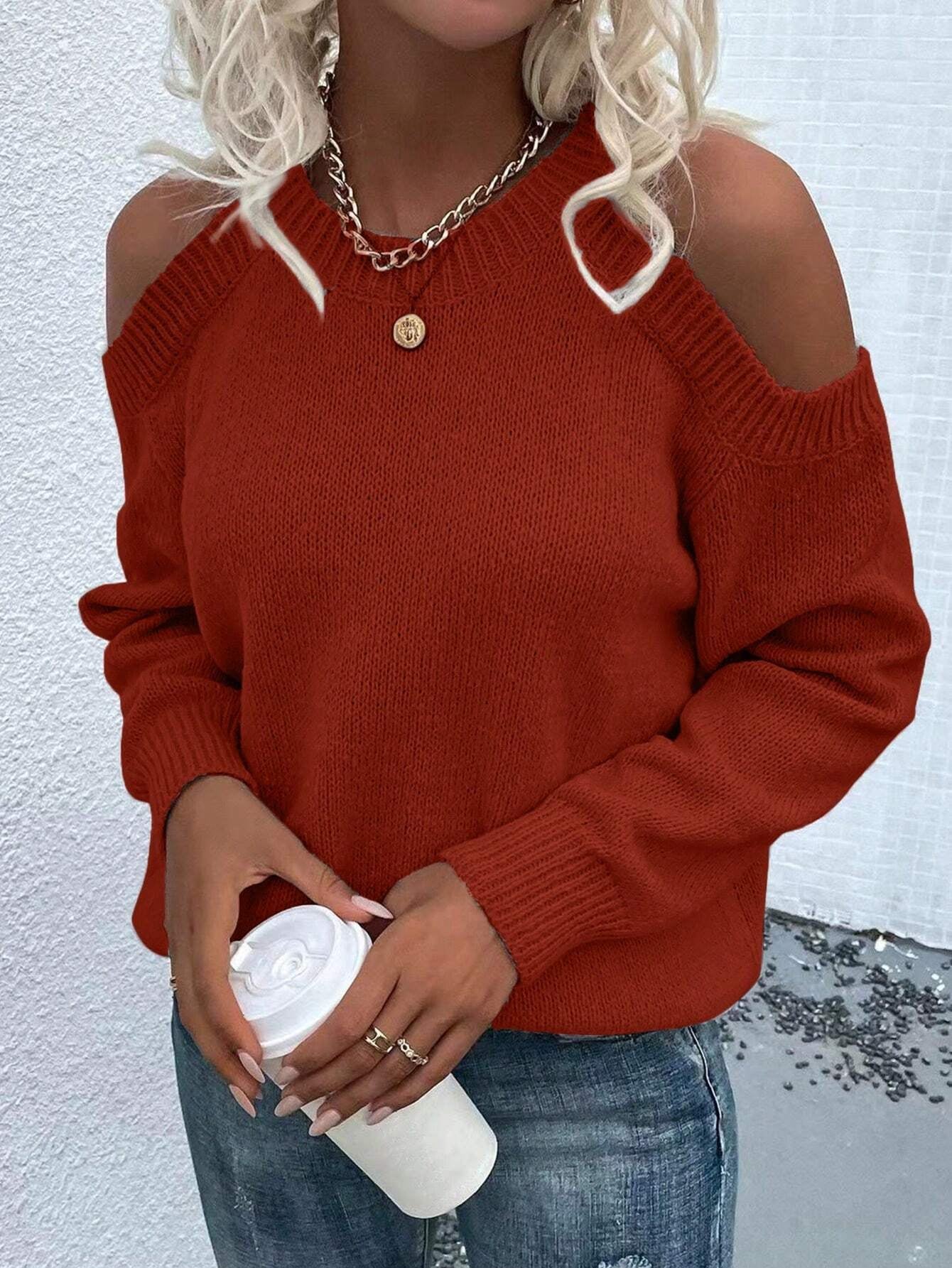 LUNE Cold Shoulder Ribbed Knit Sweater