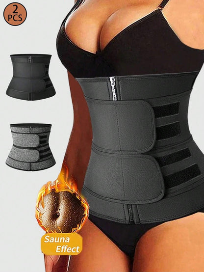 2Pcs Women'S Body Shaper Waist Trainer Belt, Zipper with Magic Paste and Dual Waistbands for Slimming Tummy and Waist