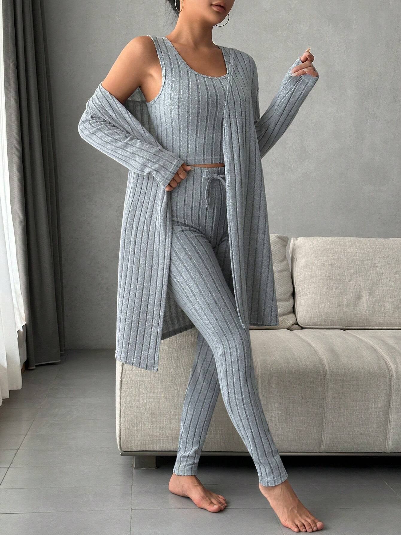 Women'S Solid Color Rib Knit Vest, Long Pants & Coat Three-Piece Set for Home Wear