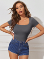 Women Solid Color Square Neck Slim Fit Summer T-Shirt