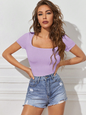 Women Solid Color Square Neck Slim Fit Summer T-Shirt