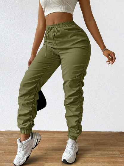 Solid Drawstring Pleated Long Pants