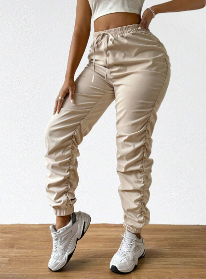 Solid Drawstring Pleated Long Pants