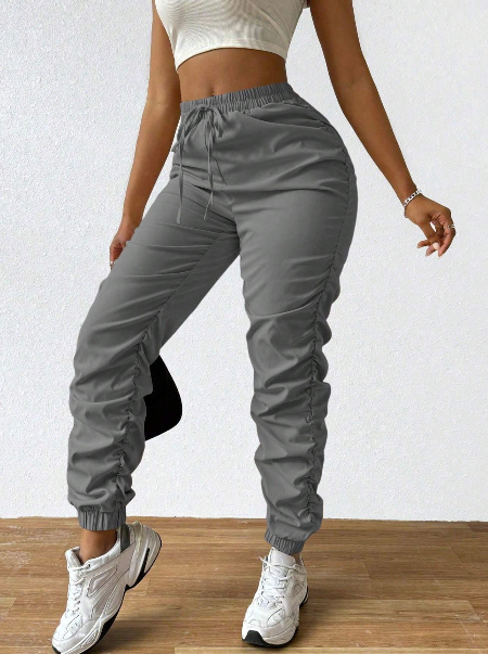 Solid Drawstring Pleated Long Pants