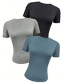 Women Fashionable Solid Color Ribbed Slim Fit Short Sleeve T-Shirt