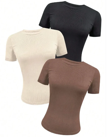 Women Fashionable Solid Color Ribbed Slim Fit Short Sleeve T-Shirt