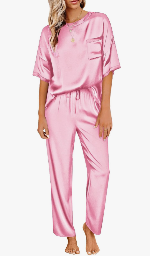 Womens Satin Silky Pajama Set Short Sleeve Shirt with Long Pajama Pant Set Soft PJ Loungewear